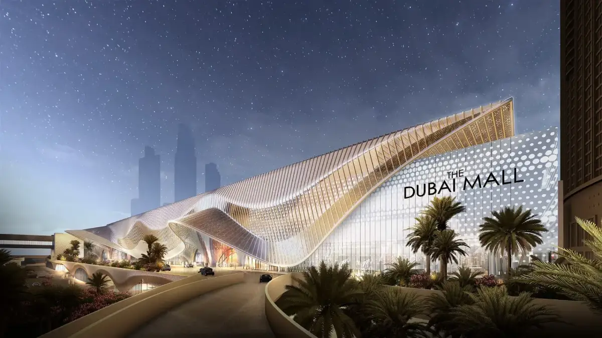 The exterior view of Dubai Mall with modern and glass architecture during the day